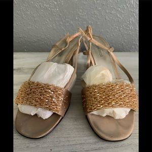 Brown caparros heels with taupe sequin details on top